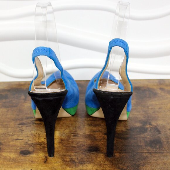 MARC FISHER Denise 6 Blue Green Suede Heels Color Block Pumps Platform Slingback - Picture 4 of 8